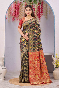 Black & Red Banarasi Cotton Silk Saree | Gold Zari Woven Traditional Festive Wear Saree with Unstitched Blouse Piece | 6.10 Metres
