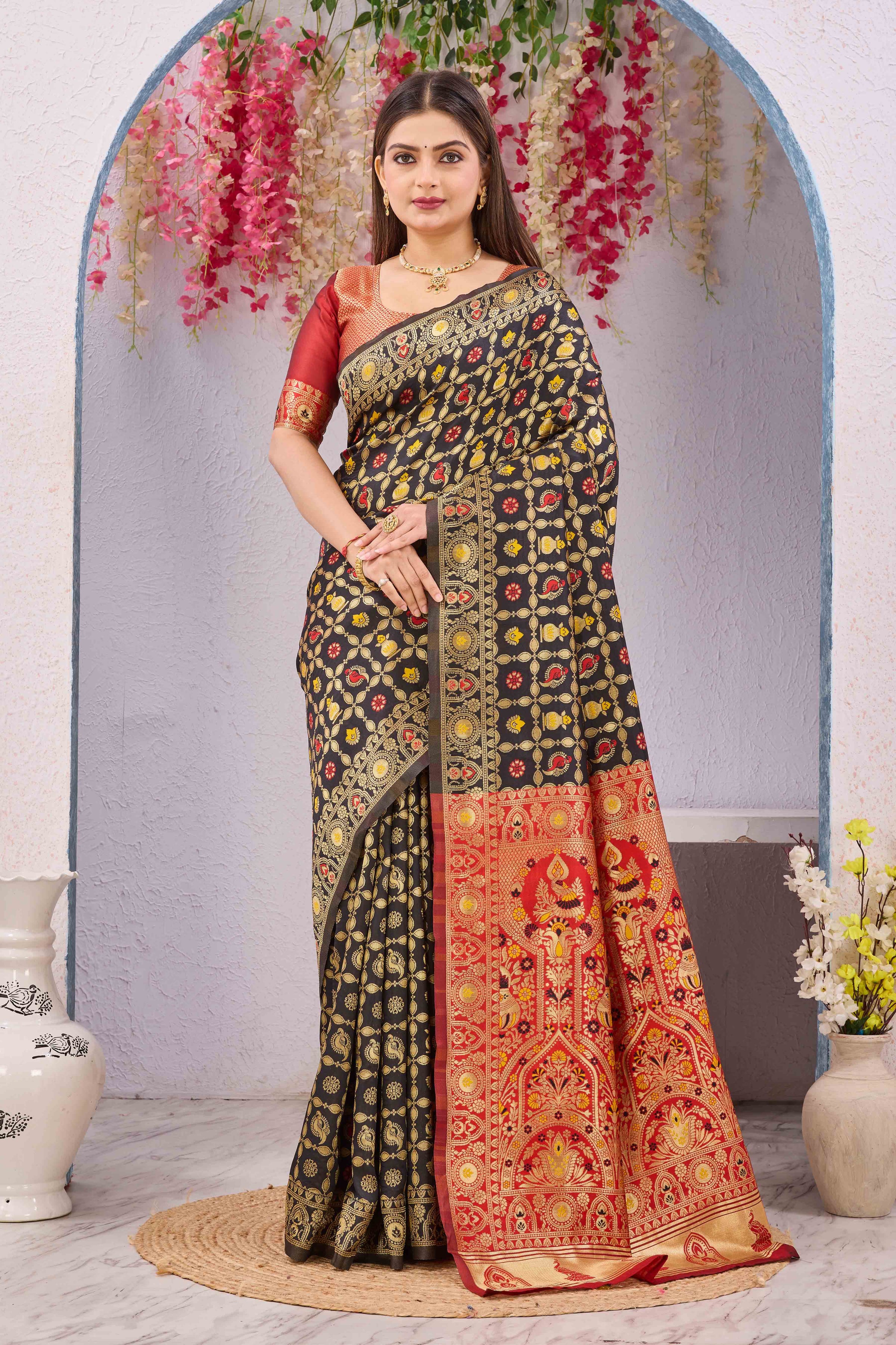 Black & Red Banarasi Cotton Silk Saree | Gold Zari Woven Traditional Festive Wear Saree with Unstitched Blouse Piece | 6.10 Metres
