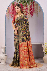 Black & Red Banarasi Cotton Silk Saree | Gold Zari Woven Traditional Festive Wear Saree with Unstitched Blouse Piece | 6.10 Metres