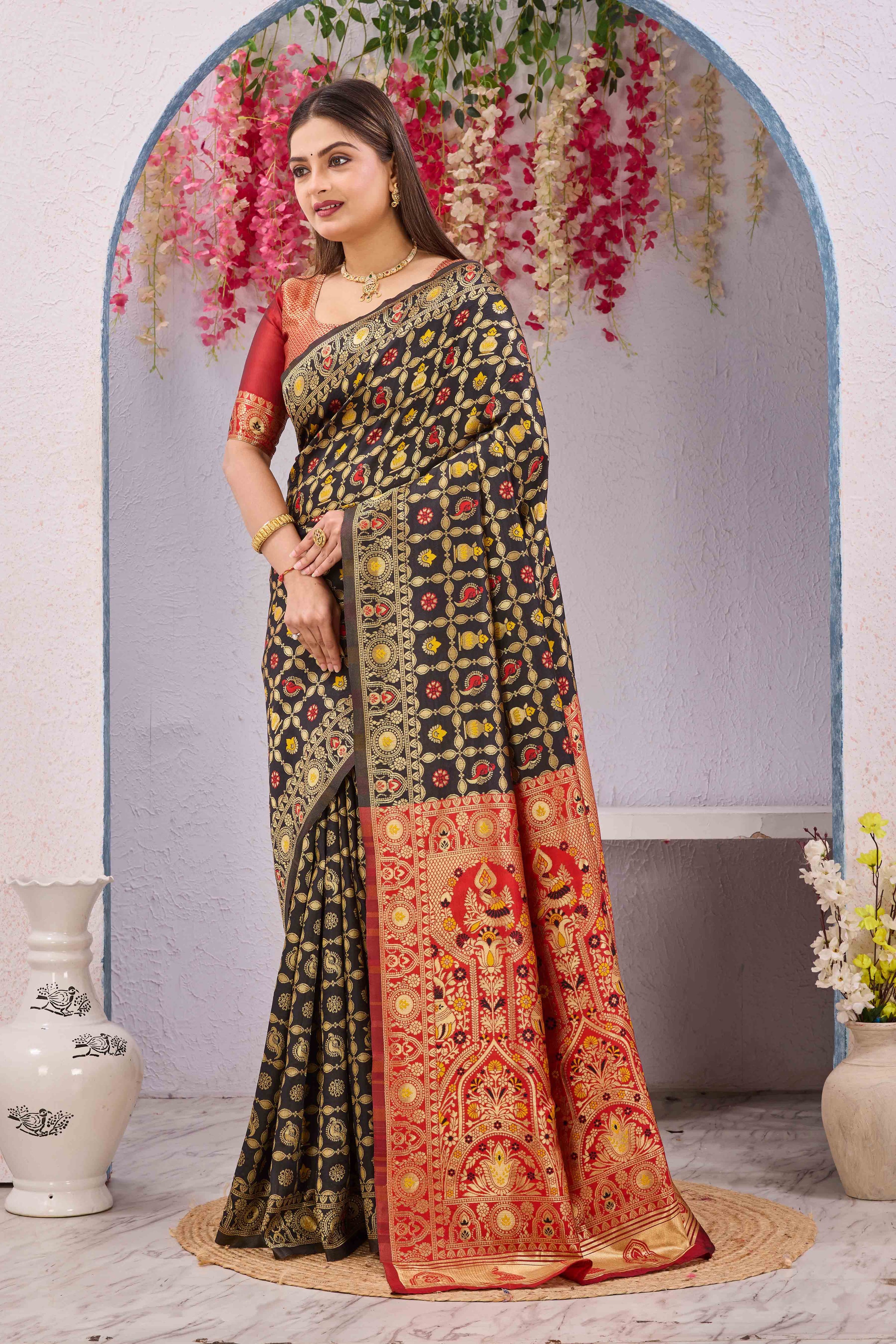 Black & Red Banarasi Cotton Silk Saree | Gold Zari Woven Traditional Festive Wear Saree with Unstitched Blouse Piece | 6.10 Metres