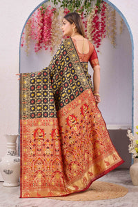 Black & Red Banarasi Cotton Silk Saree | Gold Zari Woven Traditional Festive Wear Saree with Unstitched Blouse Piece | 6.10 Metres
