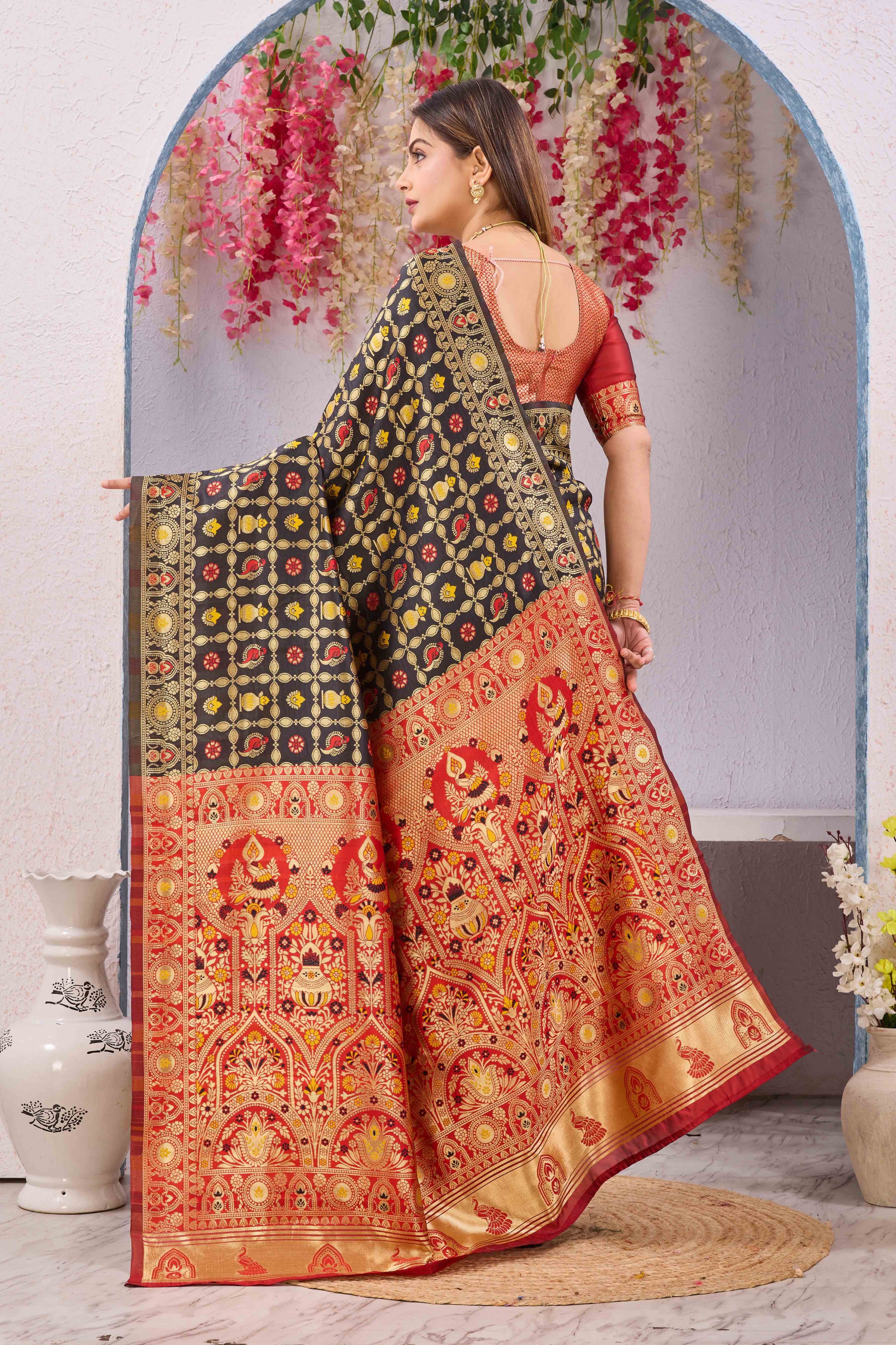 Black & Red Banarasi Cotton Silk Saree | Gold Zari Woven Traditional Festive Wear Saree with Unstitched Blouse Piece | 6.10 Metres