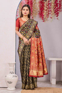 Black & Red Banarasi Cotton Silk Saree | Gold Zari Woven Traditional Festive Wear Saree with Unstitched Blouse Piece | 6.10 Metres