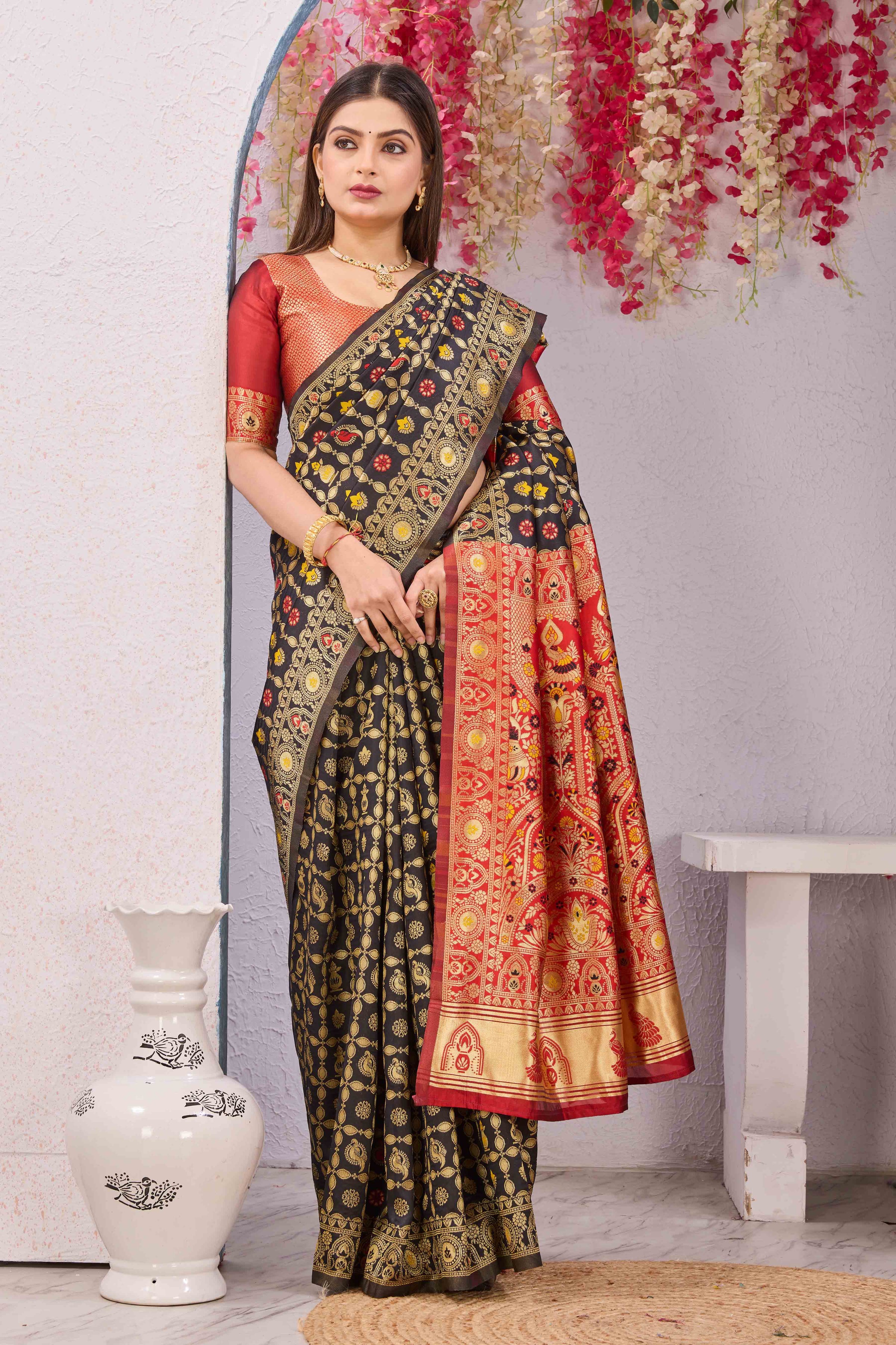 Black & Red Banarasi Cotton Silk Saree | Gold Zari Woven Traditional Festive Wear Saree with Unstitched Blouse Piece | 6.10 Metres