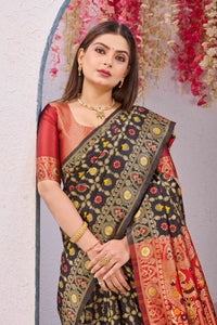 Black & Red Banarasi Cotton Silk Saree | Gold Zari Woven Traditional Festive Wear Saree with Unstitched Blouse Piece | 6.10 Metres