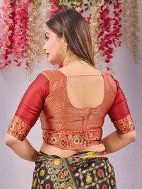 Black & Red Banarasi Cotton Silk Saree | Gold Zari Woven Traditional Festive Wear Saree with Unstitched Blouse Piece | 6.10 Metres