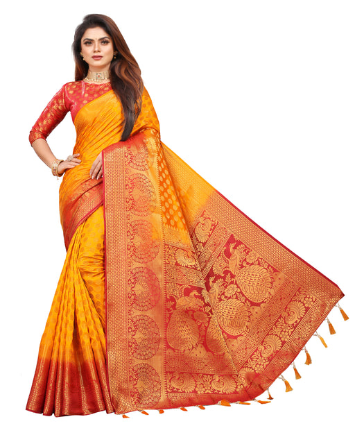 YELLOW-RED JACQUARD BALATON SILK SAREE WITH GOLD JARI BUTTI