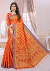 RUST-RED JACQUARD BALATON SILK SAREE WITH GOLD JARI BUTTI