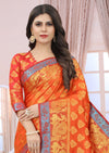RUST-RED JACQUARD BALATON SILK SAREE WITH GOLD JARI BUTTI