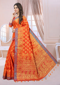 RUST-RED JACQUARD BALATON SILK SAREE WITH GOLD JARI BUTTI