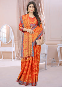 RUST-RED JACQUARD BALATON SILK SAREE WITH GOLD JARI BUTTI