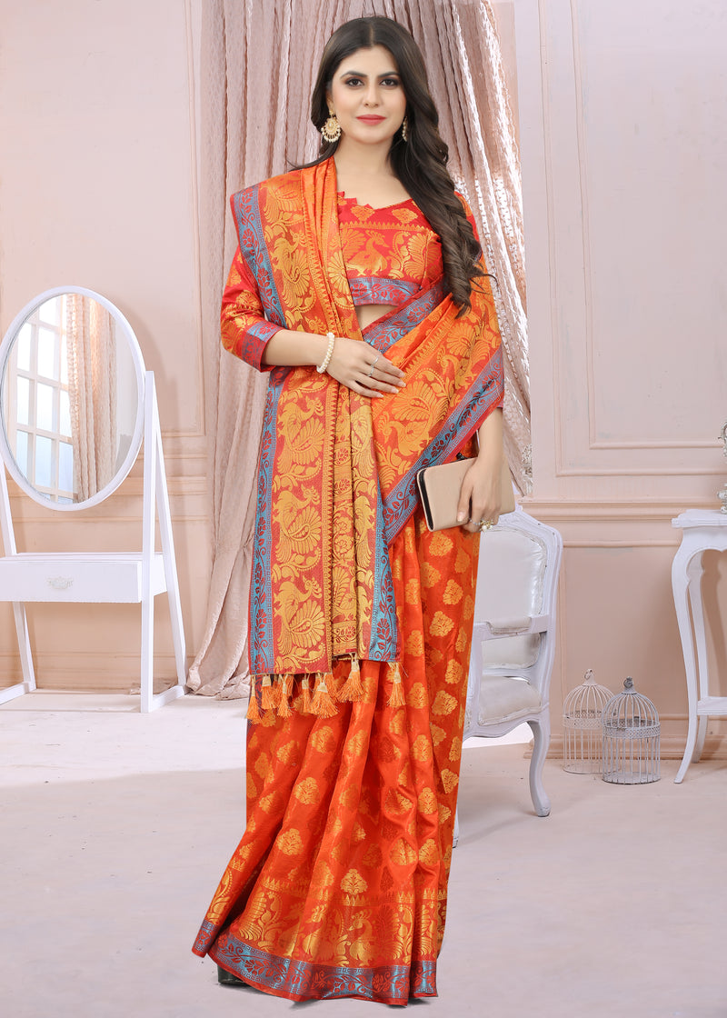RUST-RED JACQUARD BALATON SILK SAREE WITH GOLD JARI BUTTI
