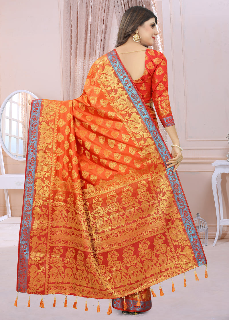 RUST-RED JACQUARD BALATON SILK SAREE WITH GOLD JARI BUTTI