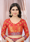 RUST-RED JACQUARD BALATON SILK SAREE WITH GOLD JARI BUTTI