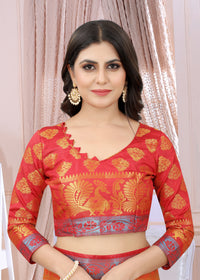 RUST-RED JACQUARD BALATON SILK SAREE WITH GOLD JARI BUTTI