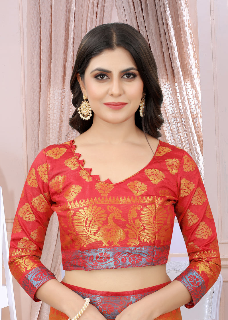 RUST-RED JACQUARD BALATON SILK SAREE WITH GOLD JARI BUTTI