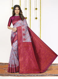 Lavender Cotton Silk Saree with Wine Zari Border & Brocade Pallu