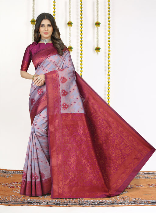 Lavender Cotton Silk Saree with Wine Zari Border & Brocade Pallu