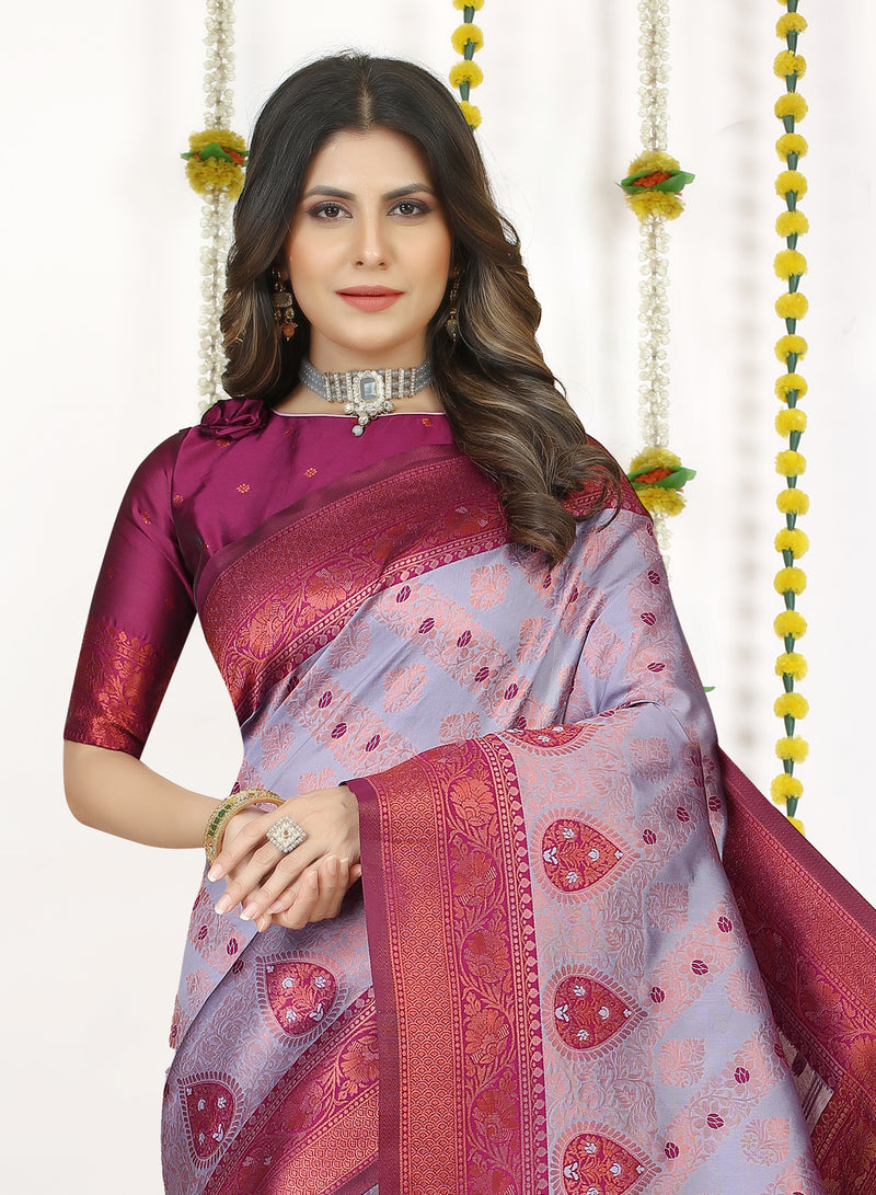 Lavender Cotton Silk Saree with Wine Zari Border & Brocade Pallu