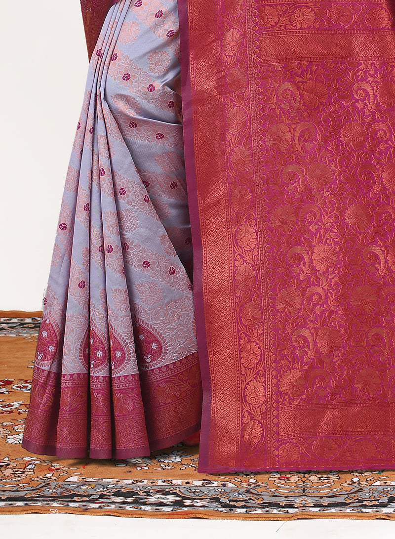 Lavender Cotton Silk Saree with Wine Zari Border & Brocade Pallu