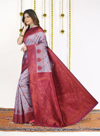 Lavender Cotton Silk Saree with Wine Zari Border & Brocade Pallu