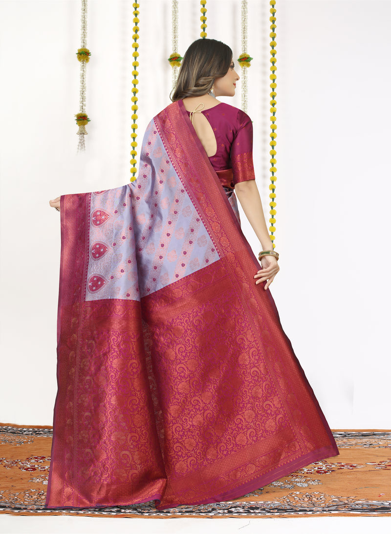Lavender Cotton Silk Saree with Wine Zari Border & Brocade Pallu
