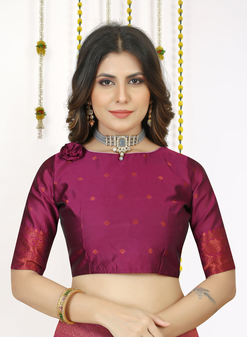 Lavender Cotton Silk Saree with Wine Zari Border & Brocade Pallu