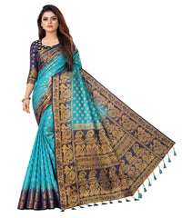 SKY-NAVY BLUE JACQUARD BALATON SILK SAREE WITH GOLD JARI BUTTI