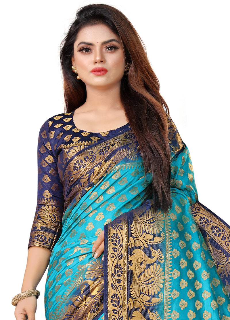 SKY-NAVY BLUE JACQUARD BALATON SILK SAREE WITH GOLD JARI BUTTI
