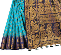 SKY-NAVY BLUE JACQUARD BALATON SILK SAREE WITH GOLD JARI BUTTI