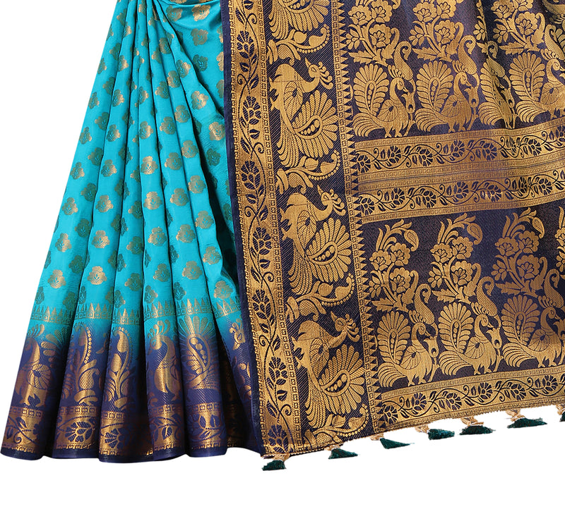 SKY-NAVY BLUE JACQUARD BALATON SILK SAREE WITH GOLD JARI BUTTI