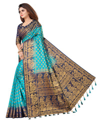 SKY-NAVY BLUE JACQUARD BALATON SILK SAREE WITH GOLD JARI BUTTI