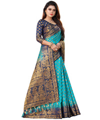 SKY-NAVY BLUE JACQUARD BALATON SILK SAREE WITH GOLD JARI BUTTI