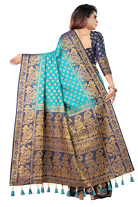 SKY-NAVY BLUE JACQUARD BALATON SILK SAREE WITH GOLD JARI BUTTI