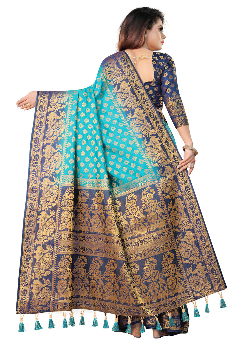 SKY-NAVY BLUE JACQUARD BALATON SILK SAREE WITH GOLD JARI BUTTI