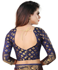 SKY-NAVY BLUE JACQUARD BALATON SILK SAREE WITH GOLD JARI BUTTI