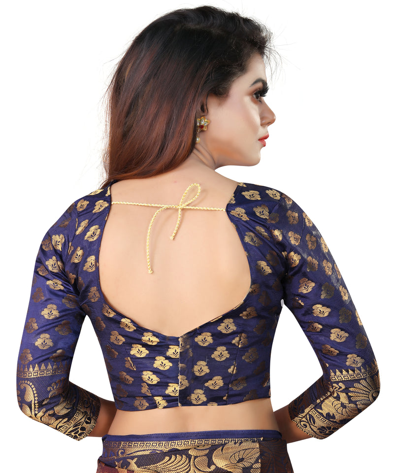 SKY-NAVY BLUE JACQUARD BALATON SILK SAREE WITH GOLD JARI BUTTI
