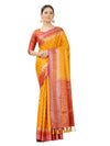 YELLOW-RED JACQUARD BALATON SILK SAREE WITH GOLD JARI BUTTI