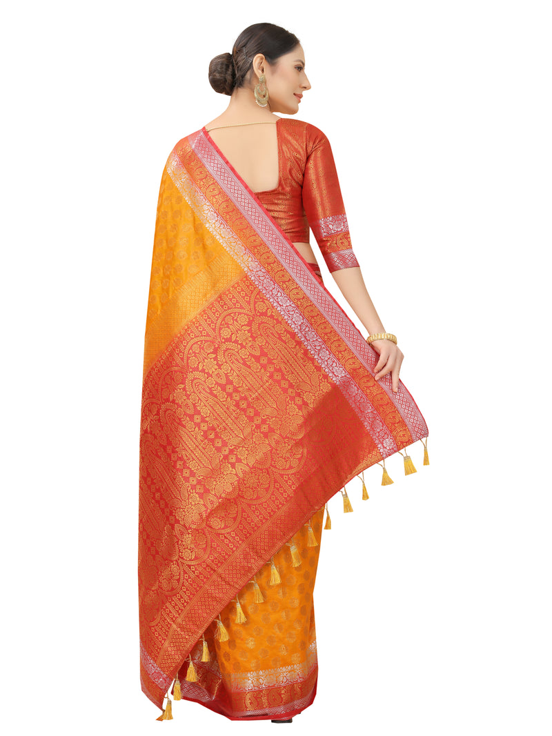 YELLOW-RED JACQUARD BALATON SILK SAREE WITH GOLD JARI BUTTI