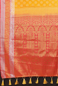 YELLOW-RED JACQUARD BALATON SILK SAREE WITH GOLD JARI BUTTI