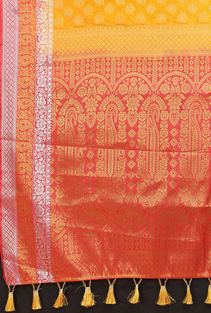 YELLOW-RED JACQUARD BALATON SILK SAREE WITH GOLD JARI BUTTI