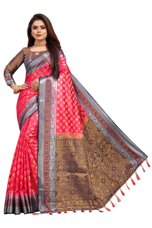 GAJARI-NAVY BLUE JACQUARD BALATON SILK SAREE WITH GOLD JARI BUTTI