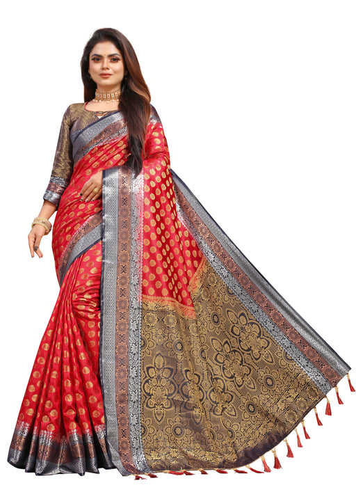 RED-NAVY BLUE JACQUARD BALATON SILK SAREE WITH GOLD JARI BUTTI