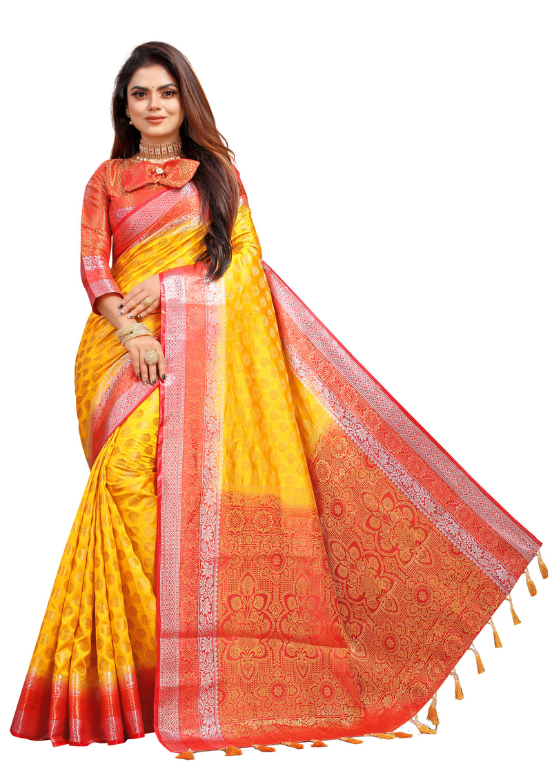 YELLOW-RED JACQUARD BALATON SILK SAREE WITH GOLD JARI BUTTI