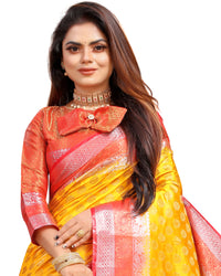 YELLOW-RED JACQUARD BALATON SILK SAREE WITH GOLD JARI BUTTI