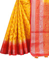 YELLOW-RED JACQUARD BALATON SILK SAREE WITH GOLD JARI BUTTI