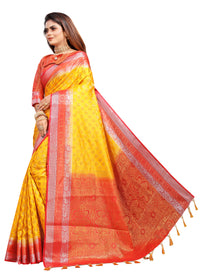 YELLOW-RED JACQUARD BALATON SILK SAREE WITH GOLD JARI BUTTI