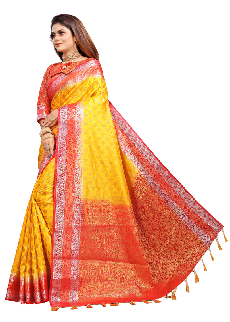 YELLOW-RED JACQUARD BALATON SILK SAREE WITH GOLD JARI BUTTI
