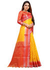 YELLOW-RED JACQUARD BALATON SILK SAREE WITH GOLD JARI BUTTI