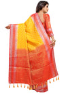 YELLOW-RED JACQUARD BALATON SILK SAREE WITH GOLD JARI BUTTI